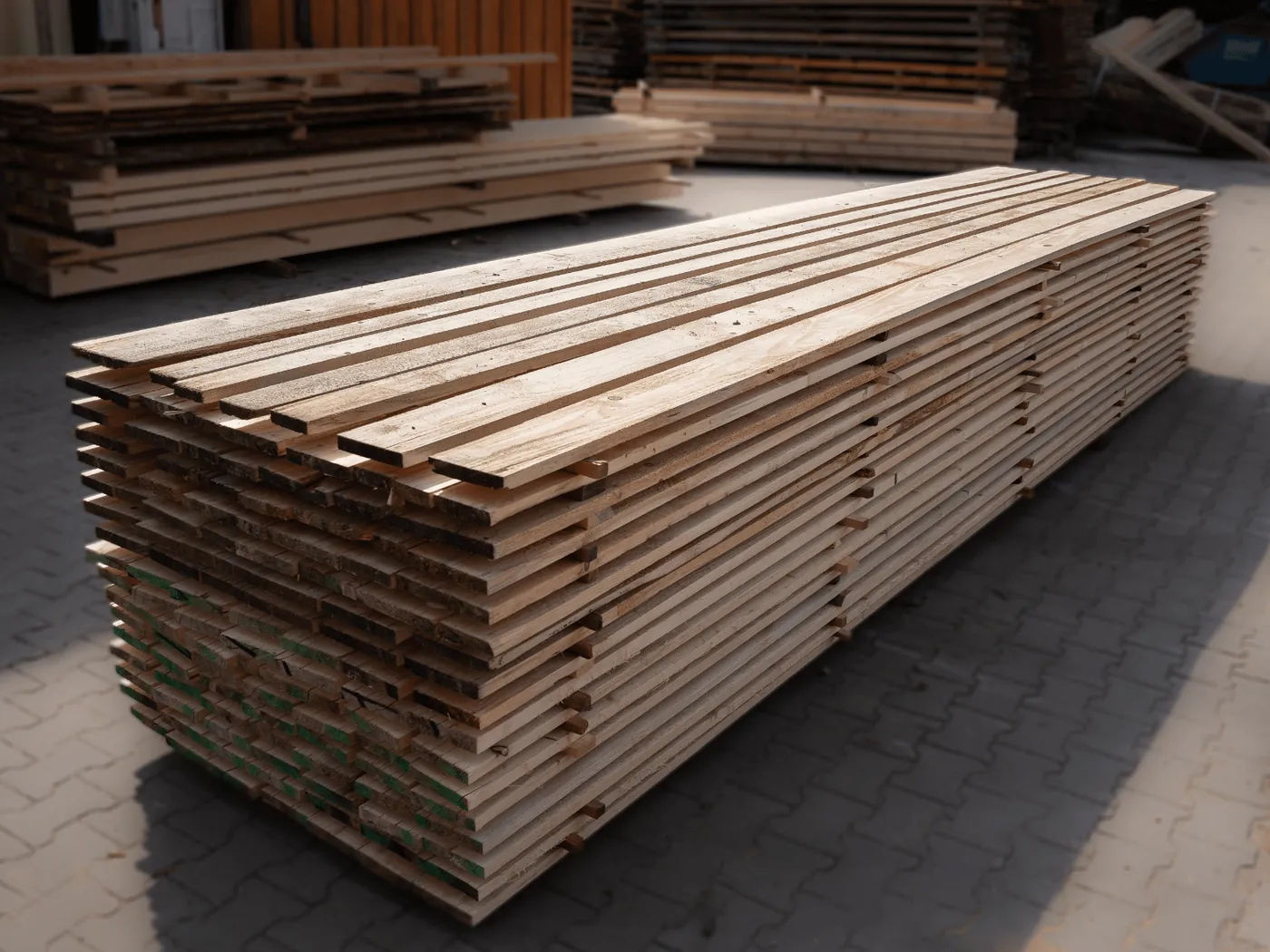 Vuren constructiehout, ruw gezaagd pakket op het opslagterrein