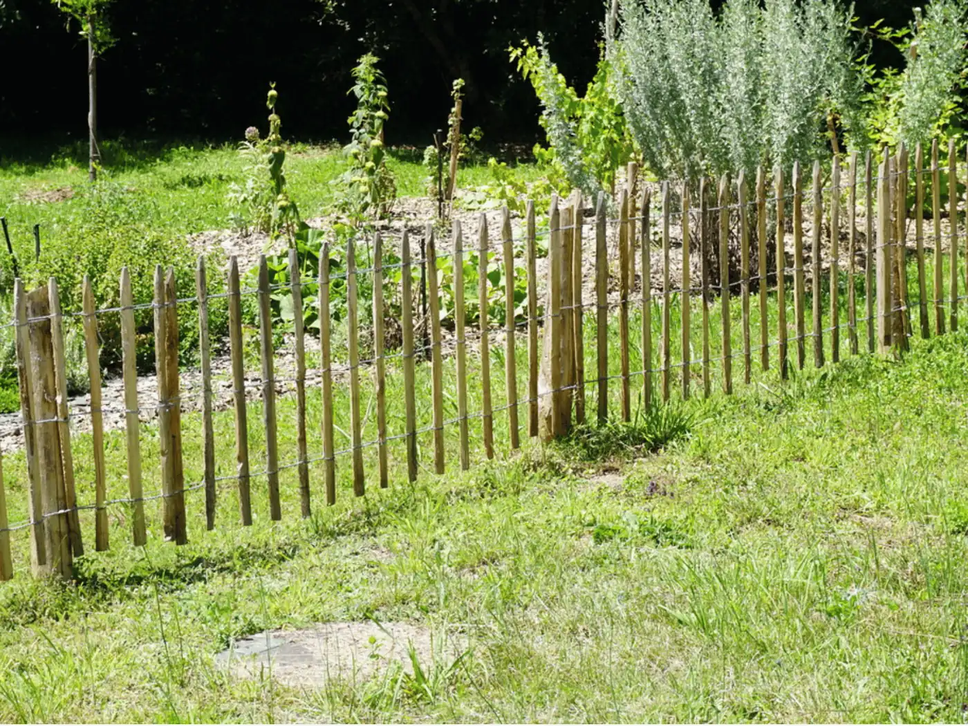 Staketenzaun aus gespaltener Kastanie als Beeteinfassung
